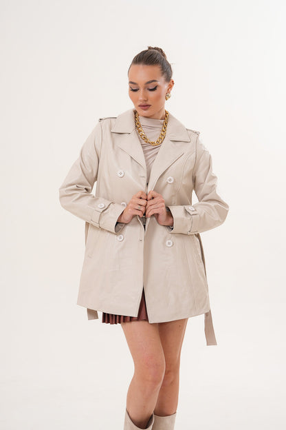 The Caelith Light Beige Leather Women Trench Jacket