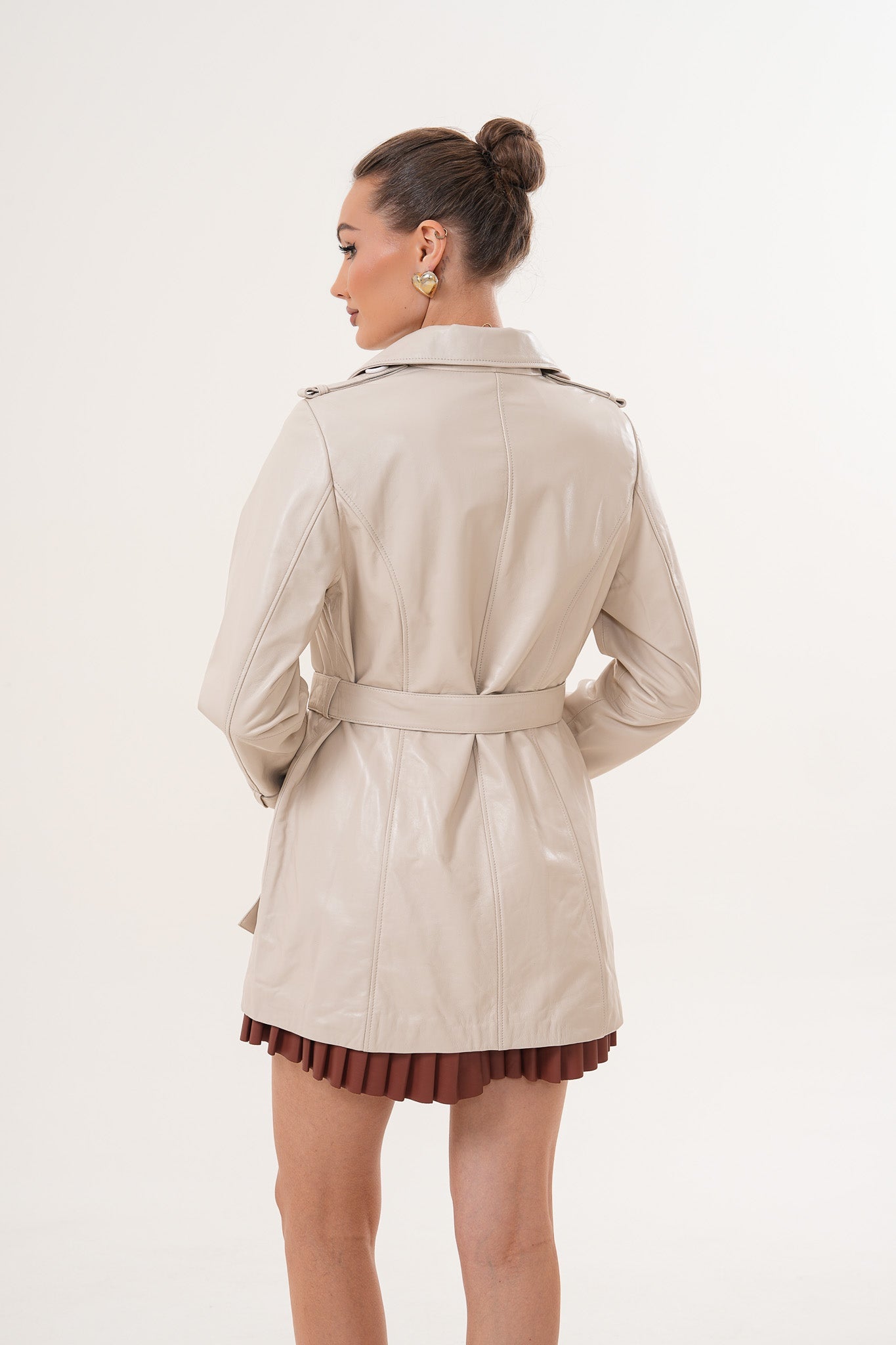 The Caelith Light Beige Leather Women Trench Jacket