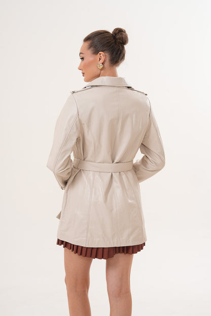 The Caelith Light Beige Leather Women Trench Jacket