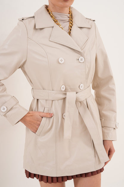 The Caelith Light Beige Leather Women Trench Jacket