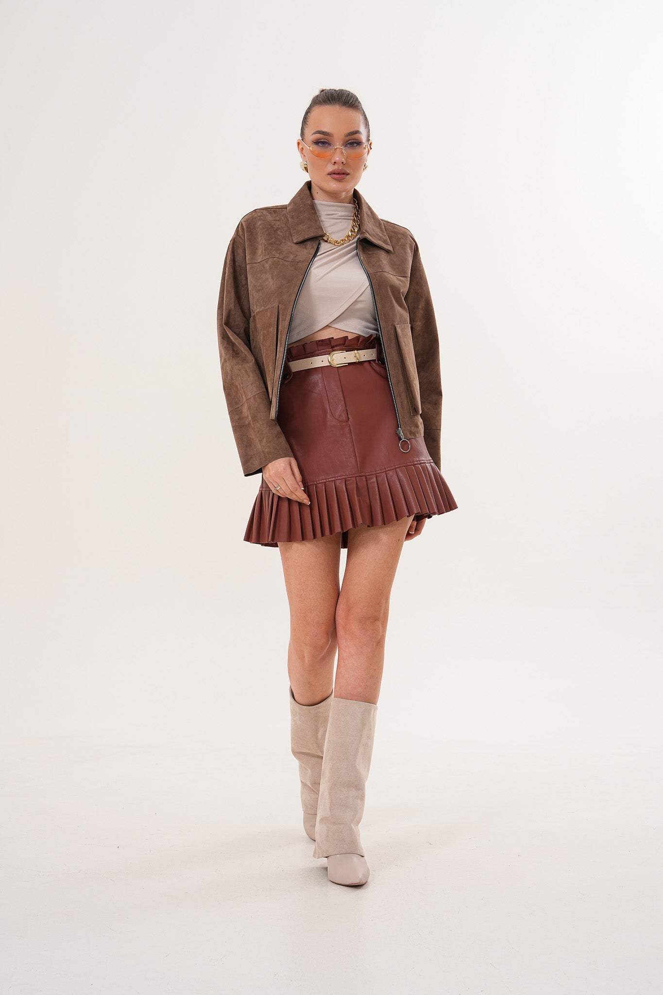 Elvoria Reversible Leather Jacket – Taupe / Suede Brown