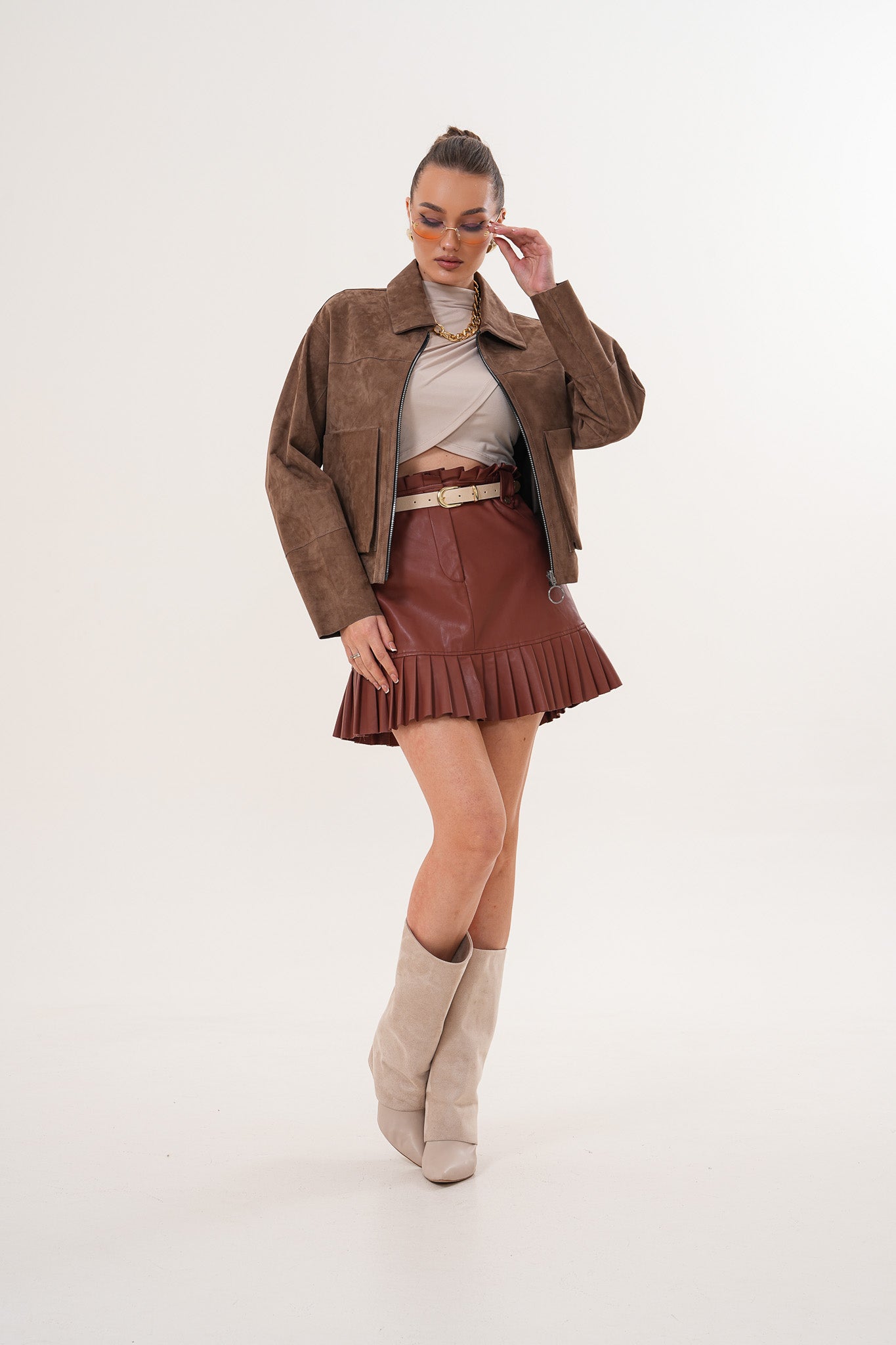 Elvoria Reversible Leather Jacket – Taupe / Suede Brown