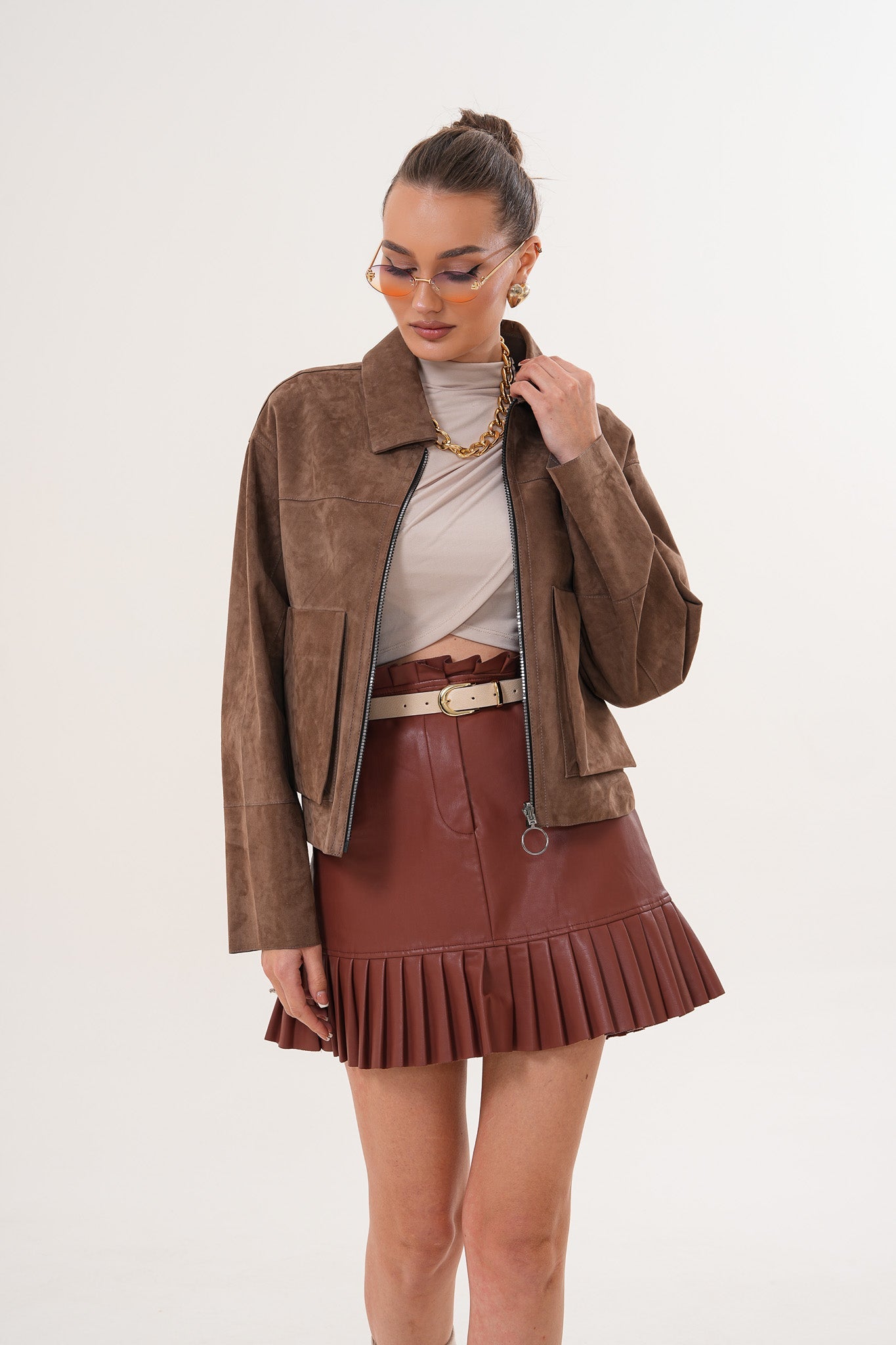 Elvoria Reversible Leather Jacket – Taupe / Suede Brown