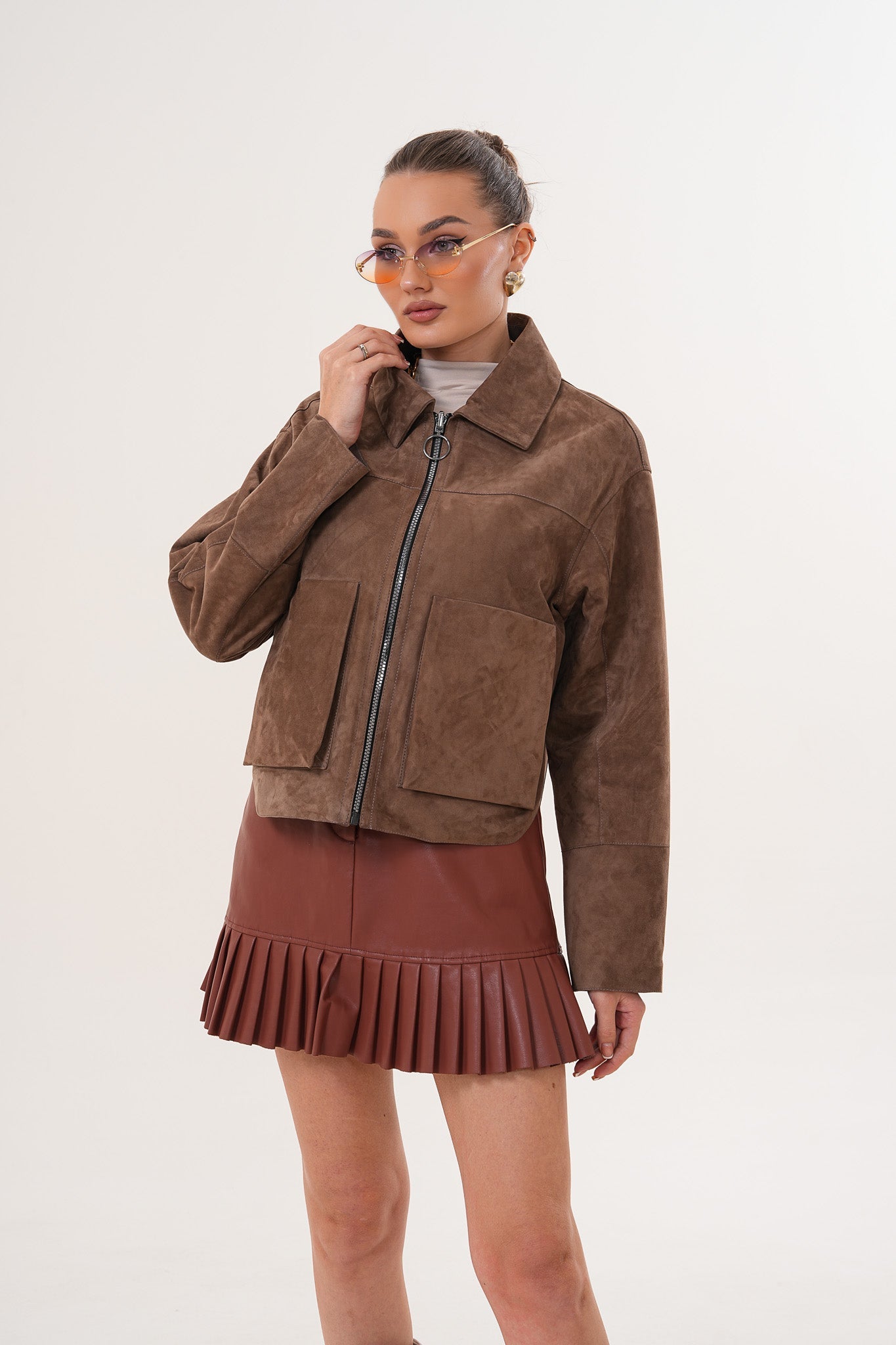 Elvoria Reversible Leather Jacket – Taupe / Suede Brown