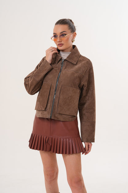 Elvoria Reversible Leather Jacket – Taupe / Suede Brown