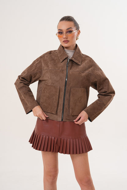 Elvoria Reversible Leather Jacket – Taupe / Suede Brown