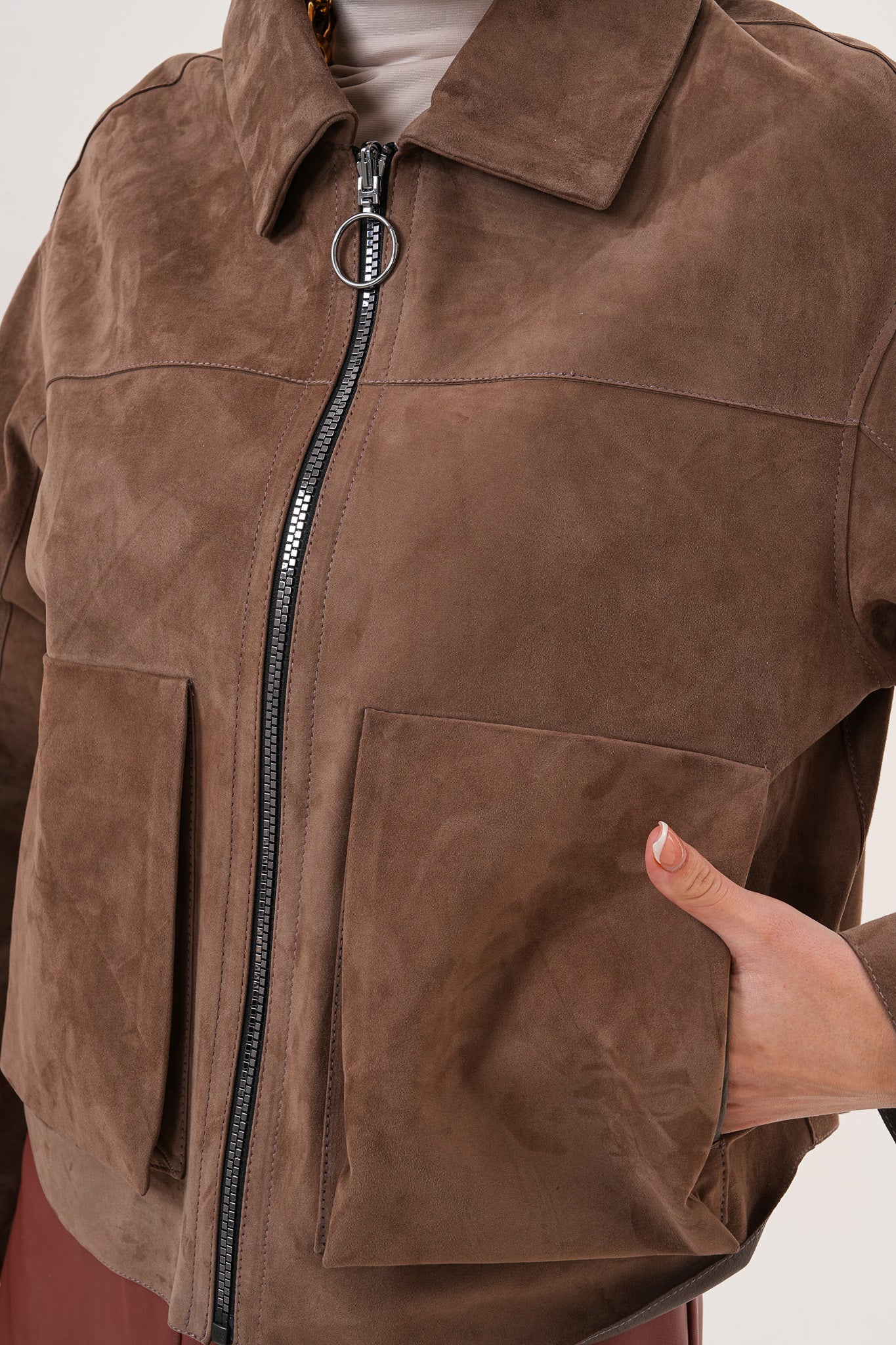 Elvoria Reversible Leather Jacket – Taupe / Suede Brown
