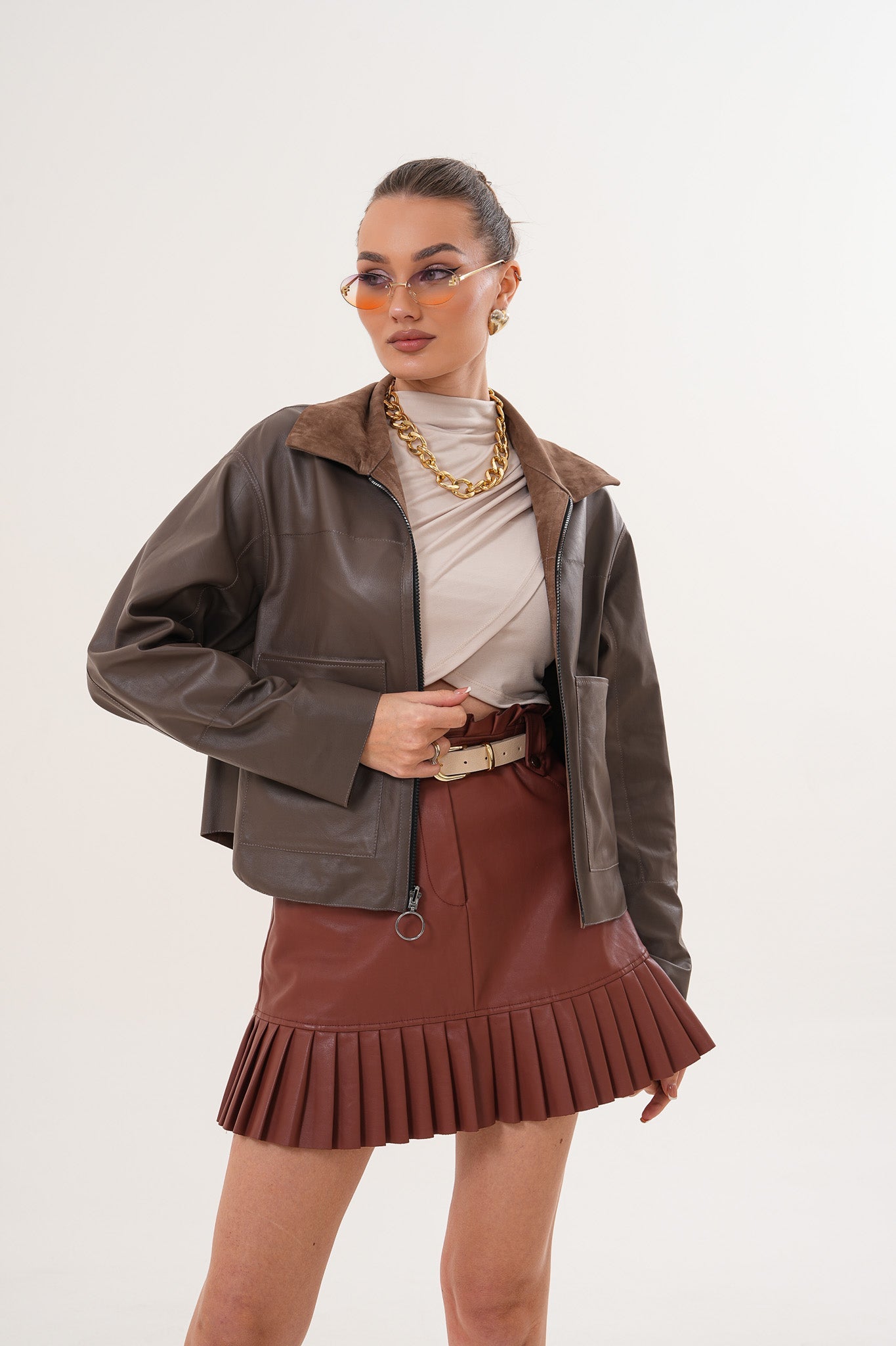 Elvoria Reversible Leather Jacket – Taupe / Suede Brown
