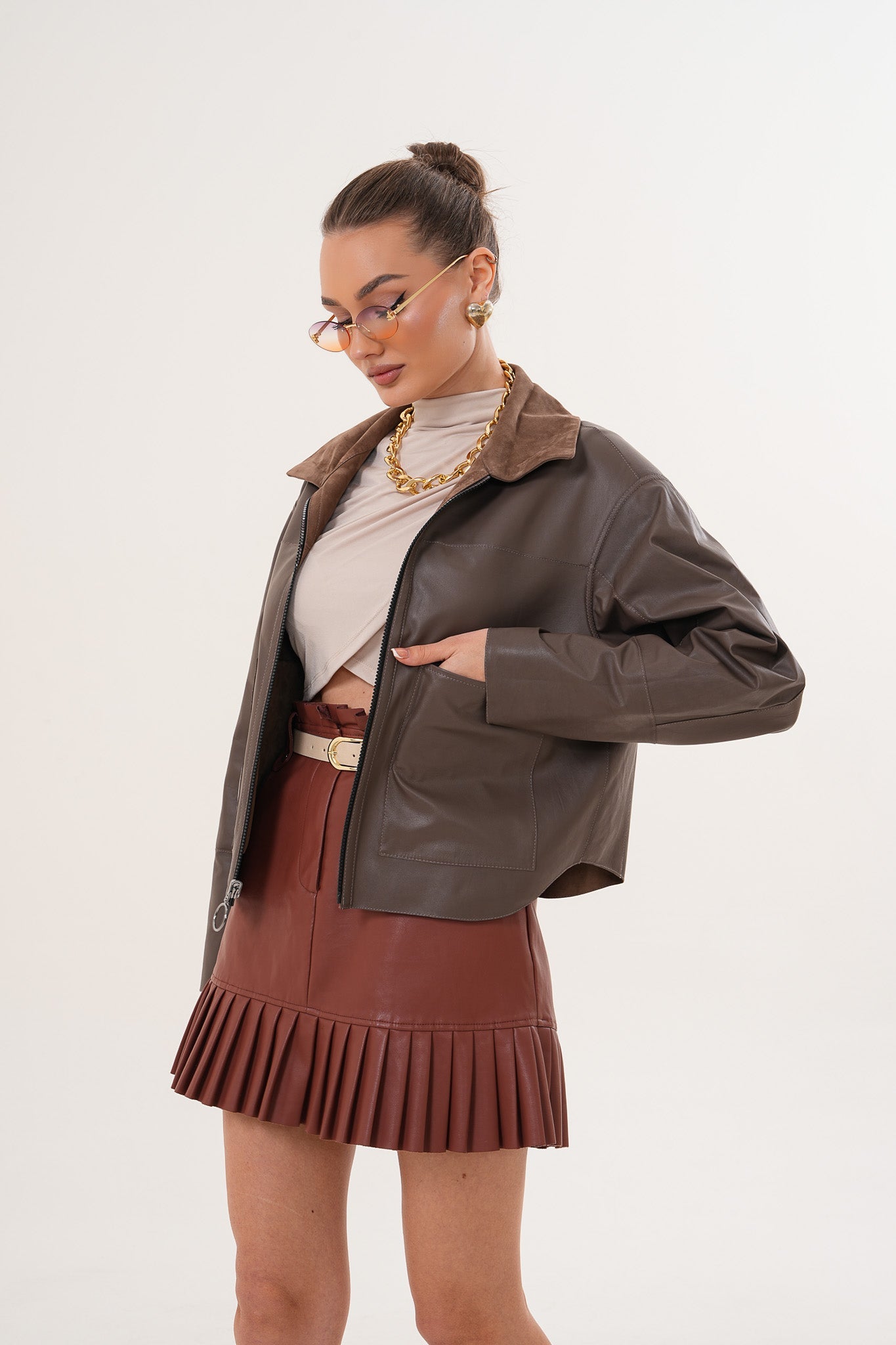 Elvoria Reversible Leather Jacket – Taupe / Suede Brown