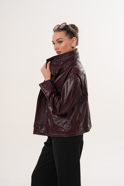 The Ravelyn Burgundy Leather Women Jacket