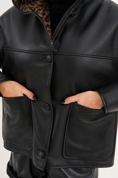 The Arlena Black &amp; Leopard Shearling Leather Women Jacket