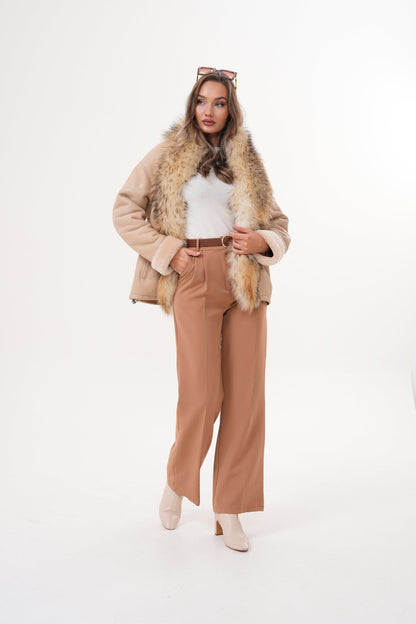 The Elise Beige Shearling Leather Women Jacket