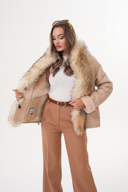 The Elise Beige Shearling Leather Women Jacket
