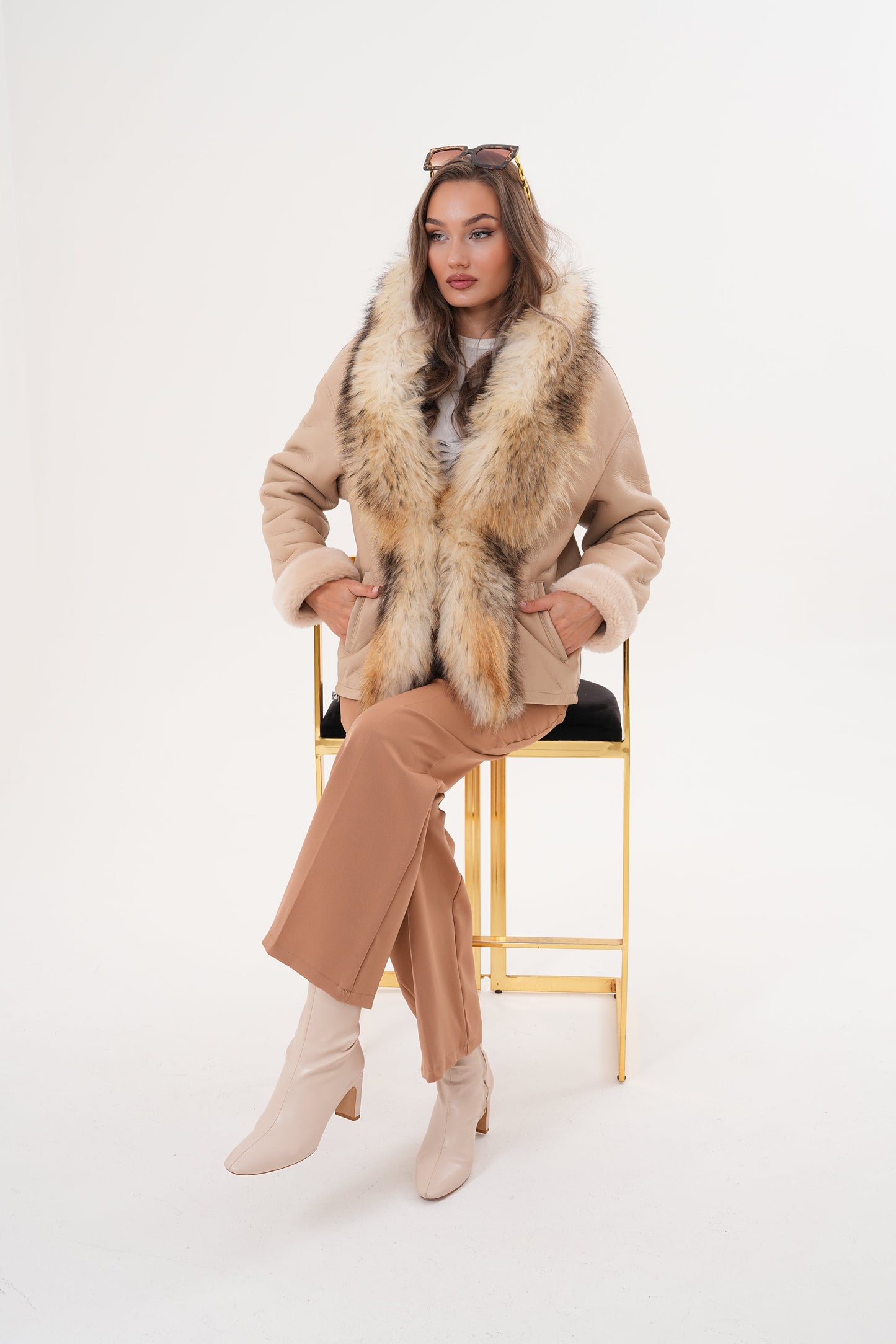 The Elise Beige Shearling Leather Women Jacket