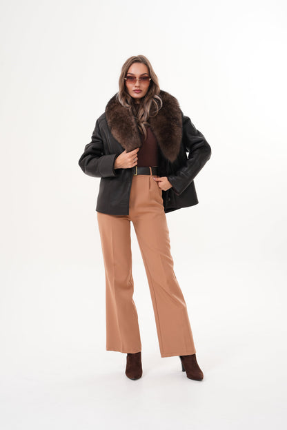 The Estelle Black & Brown Shearling Leather Women Jacket