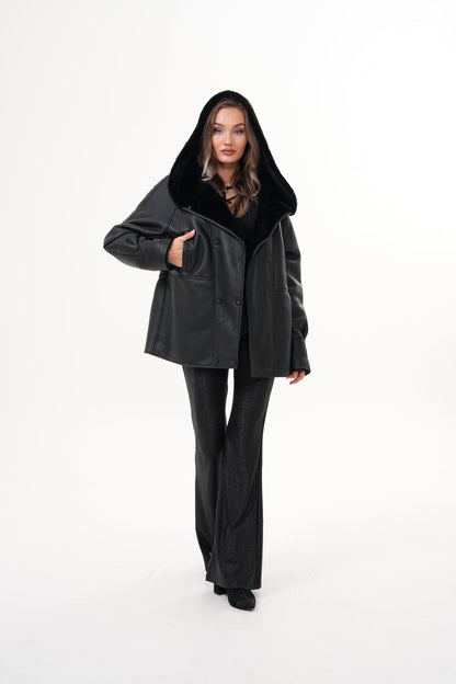 The Denali Hooded Black Shearling Leather Women Jacket