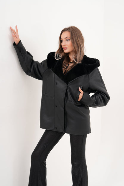 The Denali Hooded Black Shearling Leather Women Jacket