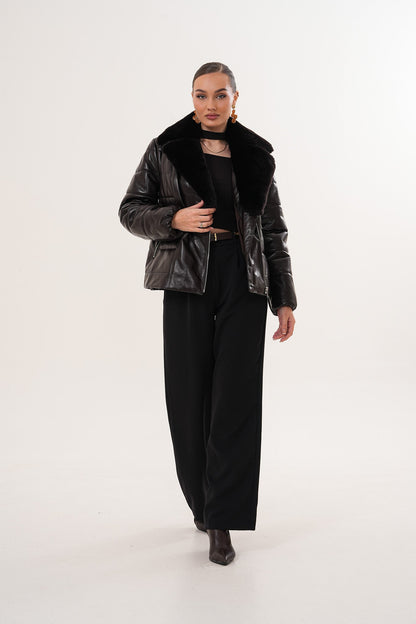 The Elvaris Dark Chocolate Leather Women Jacket with Fur Collar