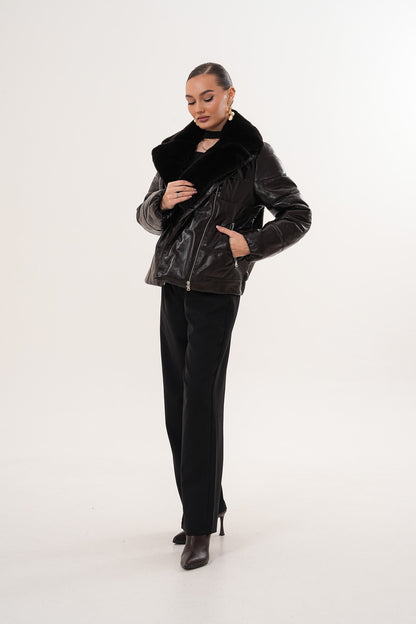 The Elvaris Dark Chocolate Leather Women Jacket with Fur Collar