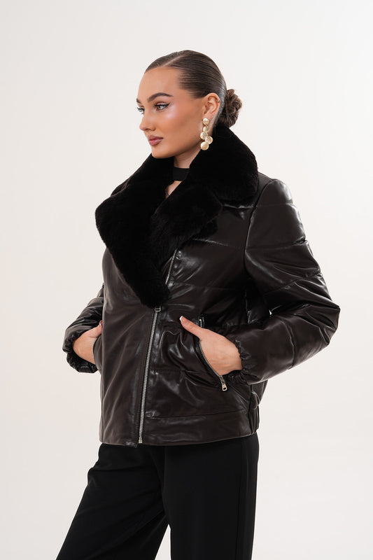 The Elvaris Dark Chocolate Leather Women Jacket with Fur Collar