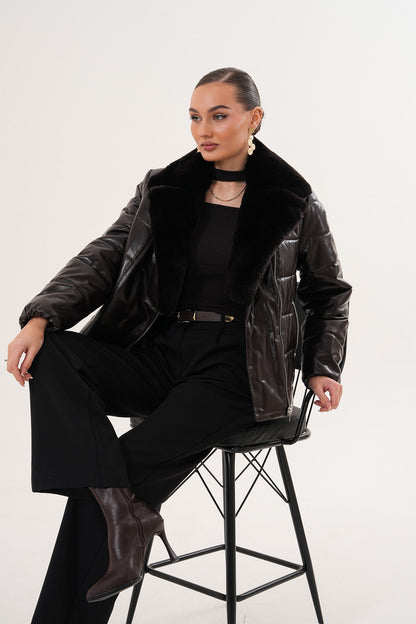 The Elvaris Dark Chocolate Leather Women Jacket with Fur Collar