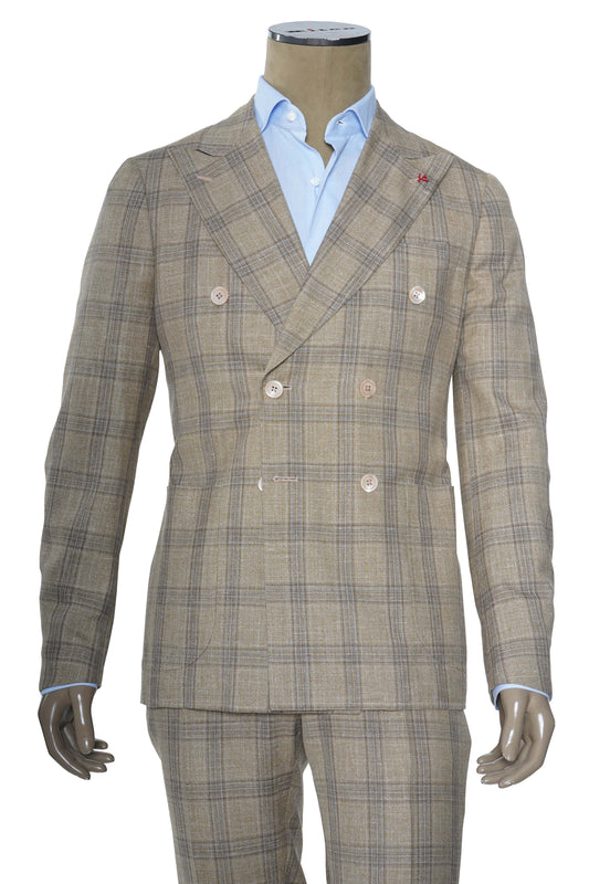 Isaia Double Breasted Double Windowpane Wool-Silk-Linen Suit