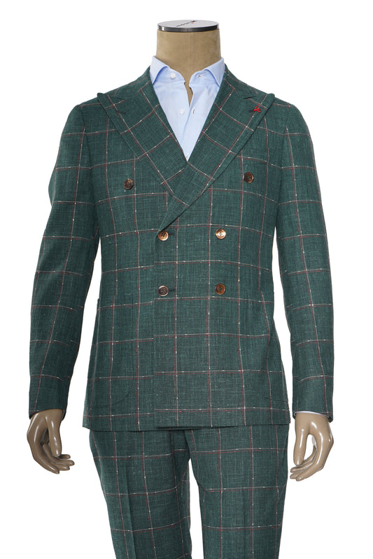 Isaia Double Breasted Double Windowpane Wool-Silk-Linen Suit