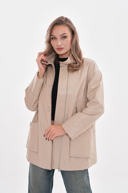 The Lioara Cream Leather Women Jacket