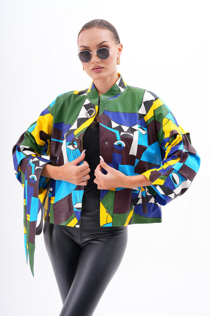The Odessa Geometric Art Leather Women Jacket