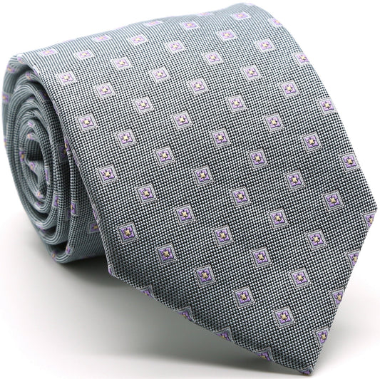 Mens Dads Classic Grey Geometric Pattern Business Casual Necktie & Hanky Set KO-5