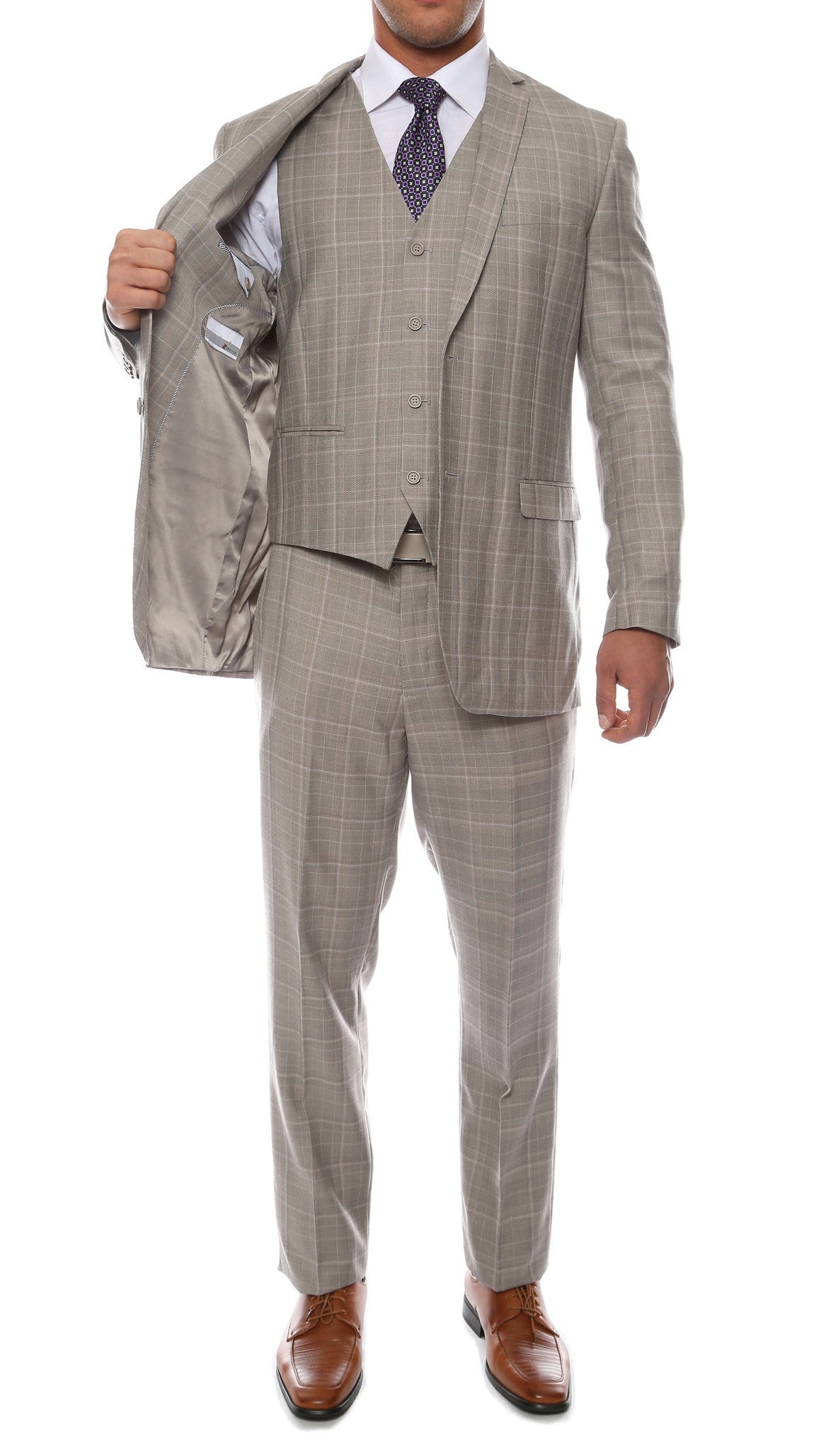 Lazio Taupe Grey 3pc Vested Slim Fit Plaid Suit