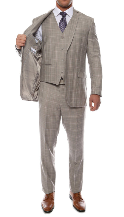Lazio Taupe Grey 3pc Vested Slim Fit Plaid Suit
