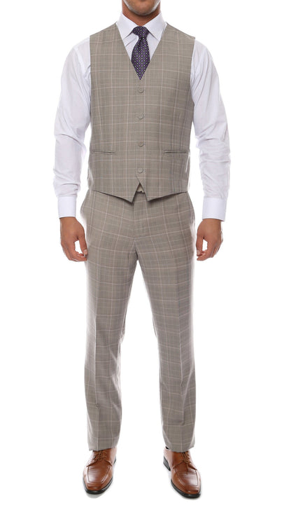 Lazio Taupe Grey 3pc Vested Slim Fit Plaid Suit