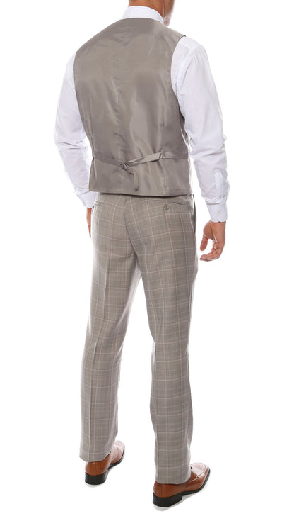 Lazio Taupe Grey 3pc Vested Slim Fit Plaid Suit