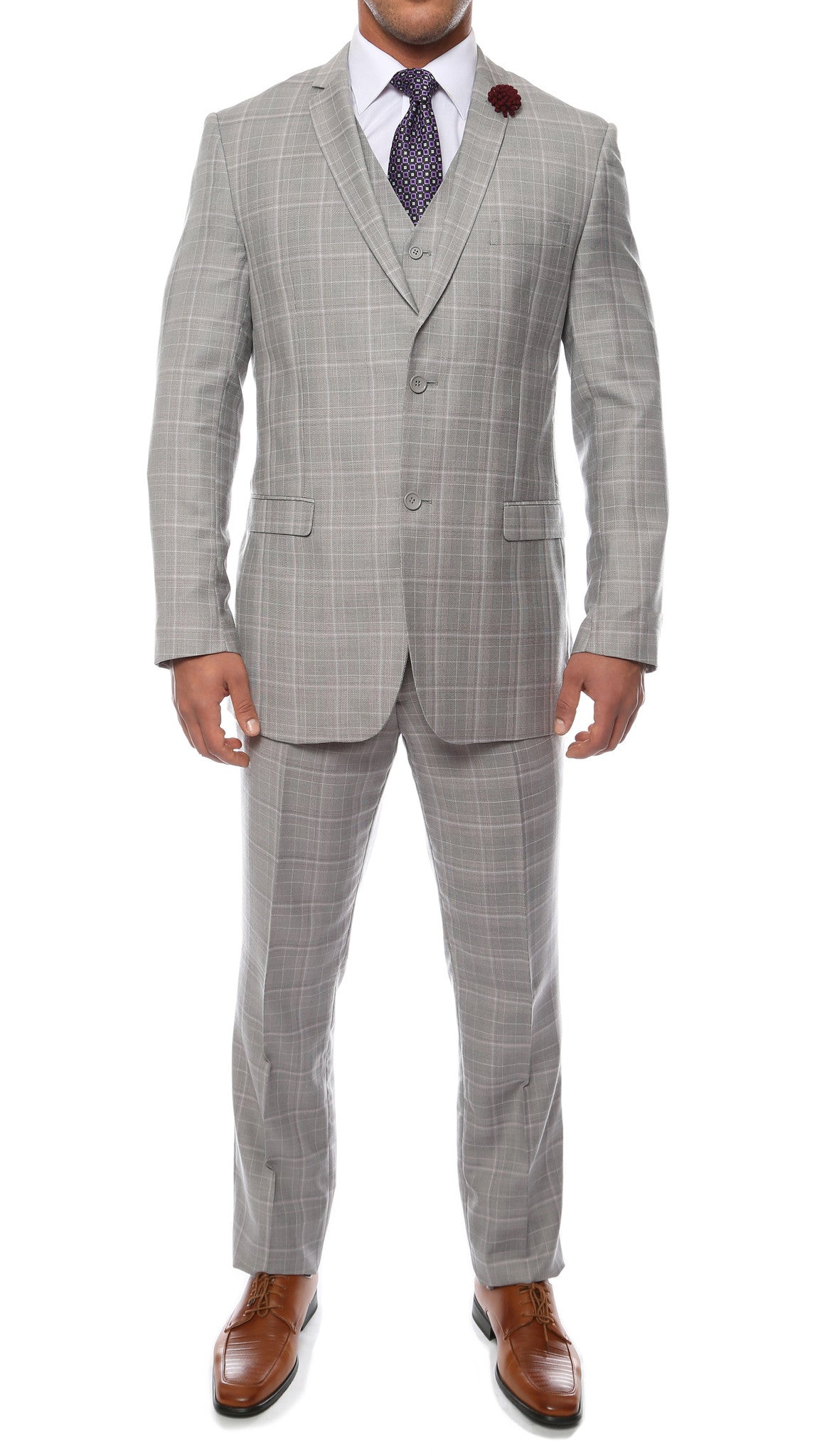 Lazio Light Grey 3pc Vested Slim Fit Plaid Suit