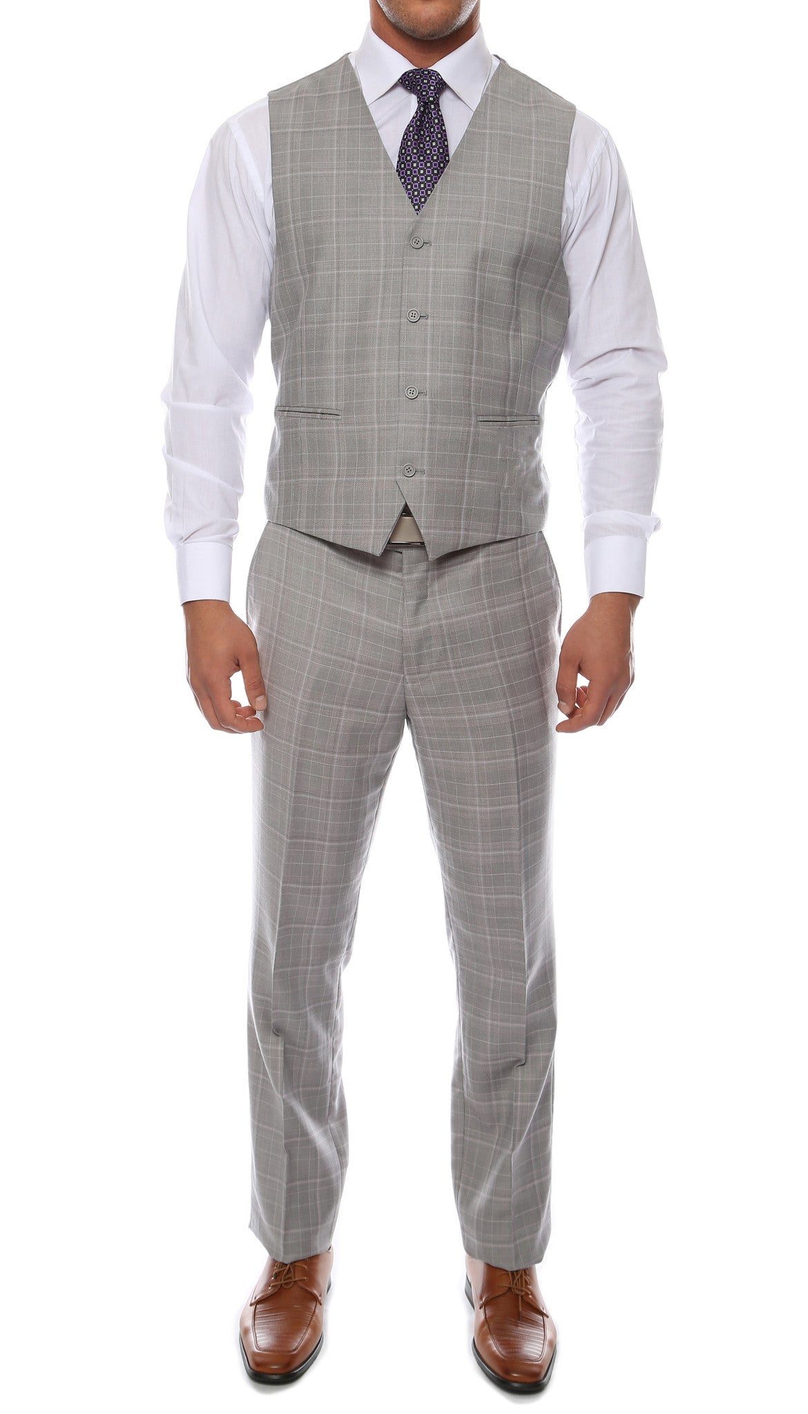 Lazio Light Grey 3pc Vested Slim Fit Plaid Suit
