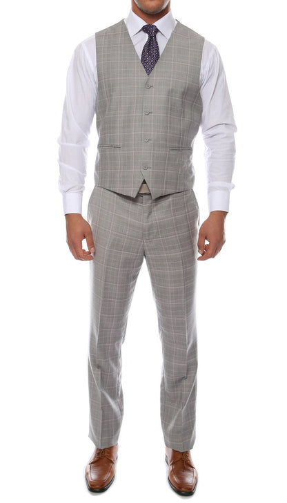 Lazio Light Grey 3pc Vested Slim Fit Plaid Suit