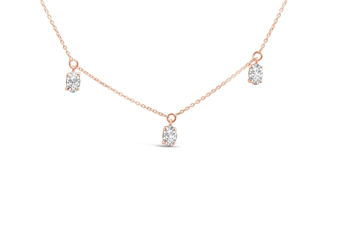Cadena de oro rosa de 14 quilates con diamantes de laboratorio ovalados de 1,37 quilates (peso total) con colgante en estación - 17 pulgadas