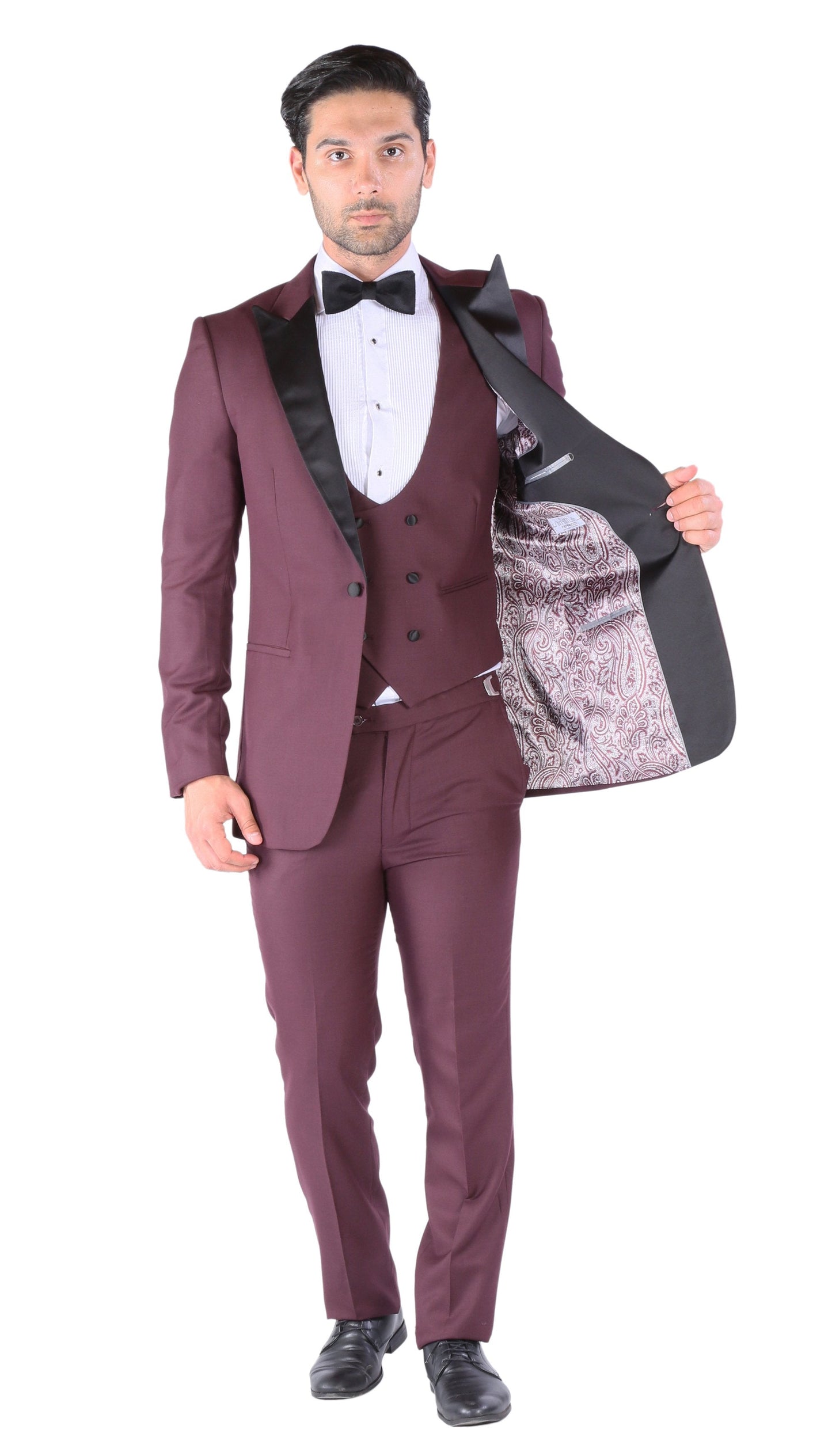 Luna 3pc Slim Fit Bugundy Peak Lapel Tuxedo