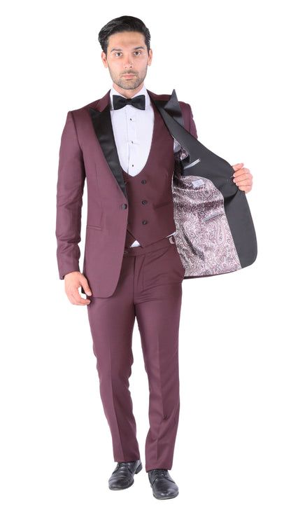 Luna 3pc Slim Fit Bugundy Peak Lapel Tuxedo