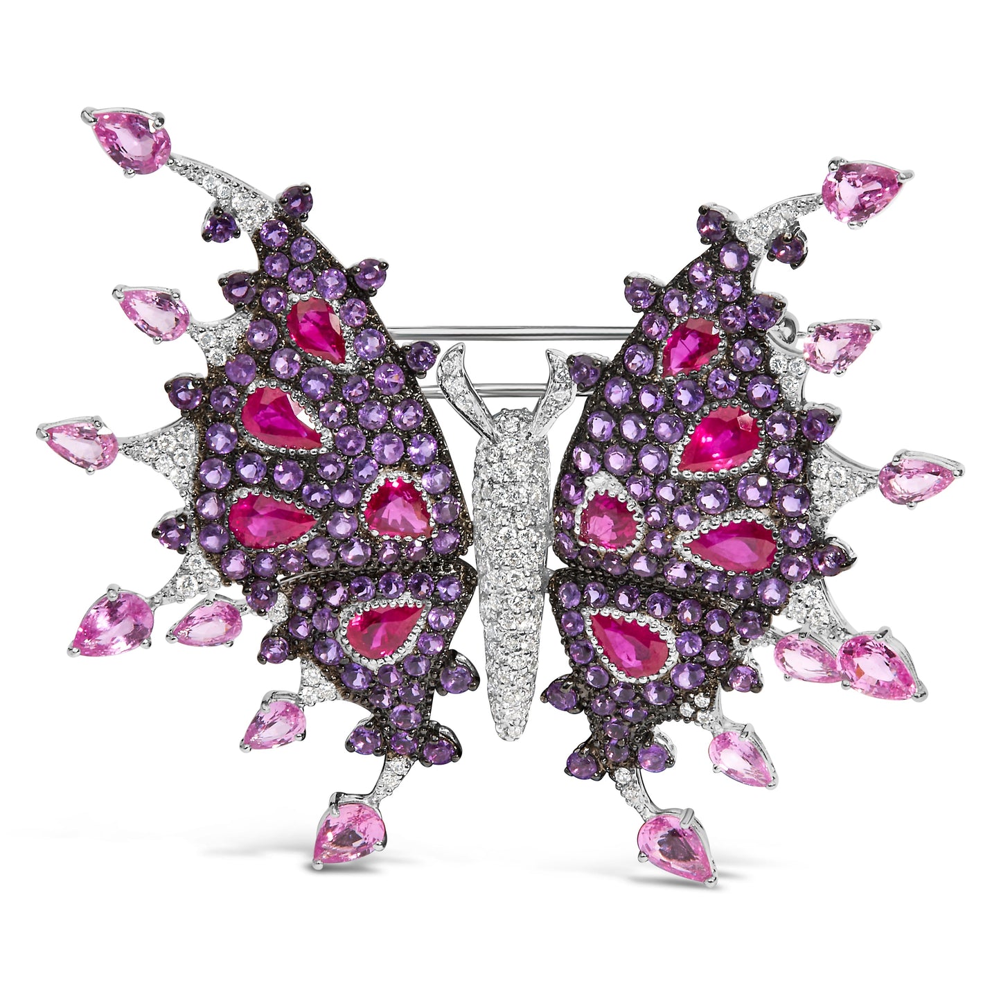 Broche de mariposa de oro blanco de 18K con diamantes, rubíes, zafiros y amatistas, con un total de 1,00 quilates (color G-H, claridad VS1-VS2)