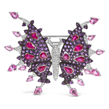 Broche de mariposa de oro blanco de 18K con diamantes, rubíes, zafiros y amatistas, con un total de 1,00 quilates (color G-H, claridad VS1-VS2)