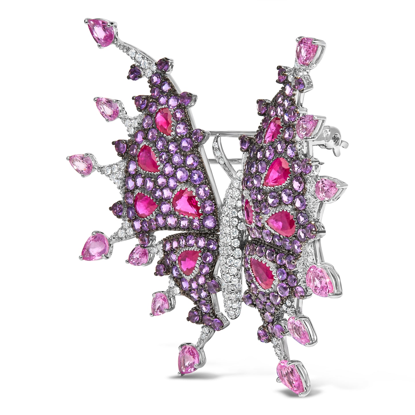 Broche de mariposa de oro blanco de 18K con diamantes, rubíes, zafiros y amatistas, con un total de 1,00 quilates (color G-H, claridad VS1-VS2)