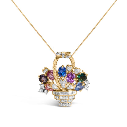 Colgante y broche floral de 1,10 ct en total de diamantes y gemas mixtas de oro amarillo de 18K (color G-H, claridad VS1-VS2)