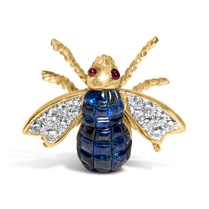Broche de abejorro de oro amarillo de 18K con diamantes de 3/8 Cttw y zafiros azules de 5 4/5 Cttw (color F-G, claridad VS2-SI1)