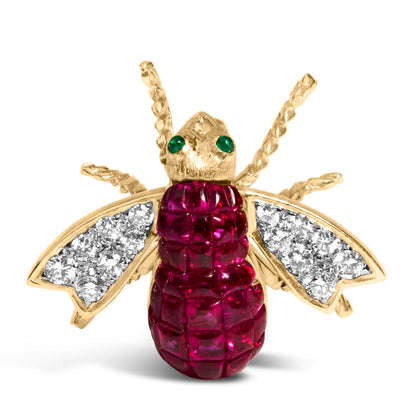 Broche de abejorro en oro amarillo de 18K con diamantes de 3/8 Cttw y rubíes rojos de 6 3/4 Cttw (color F-G, claridad VS2-SI1)