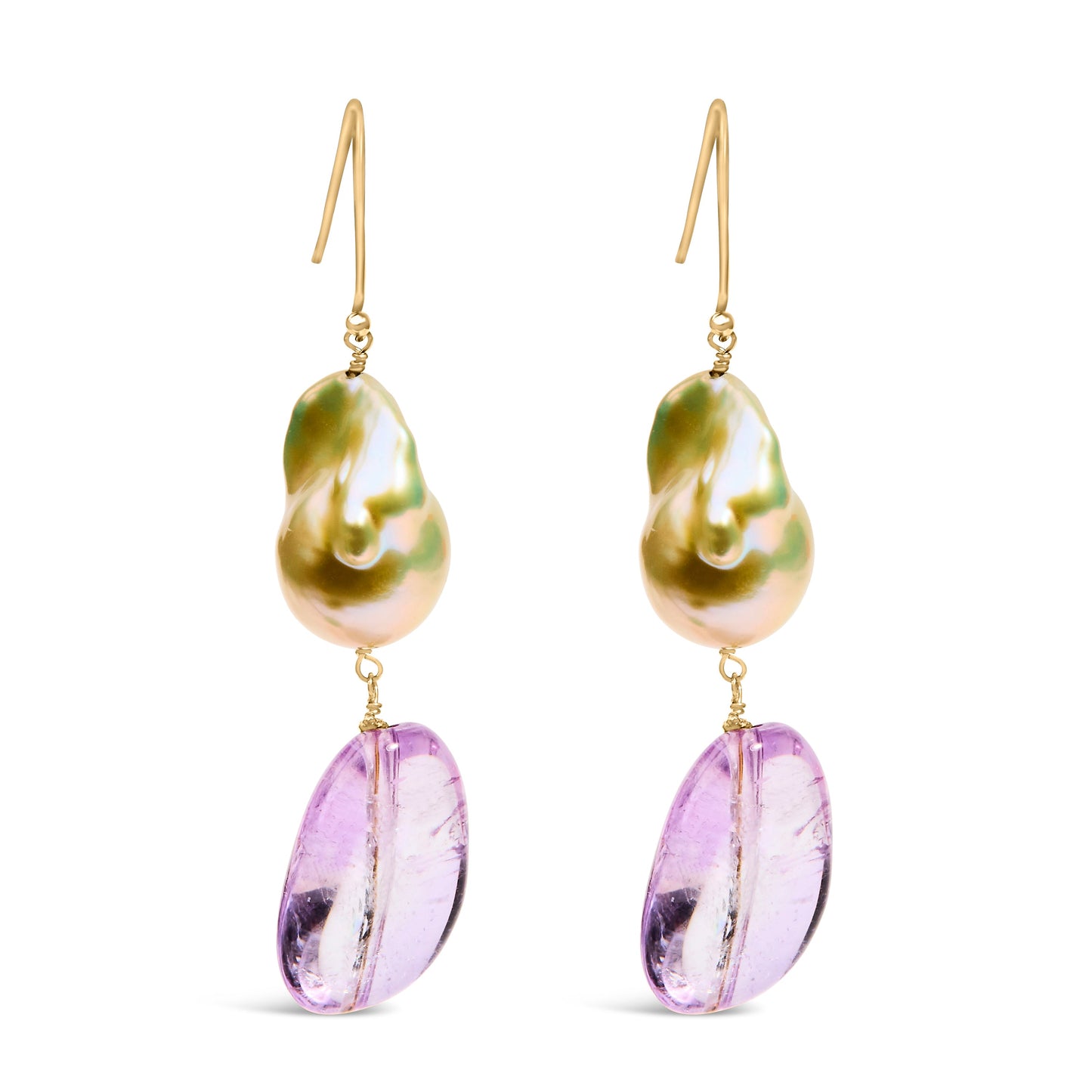 Pendientes colgantes de oro amarillo de 14 quilates con amatista y perlas barrocas de 5 cm de largo