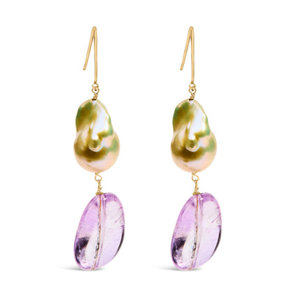 Pendientes colgantes de oro amarillo de 14 quilates con amatista y perlas barrocas de 5 cm de largo