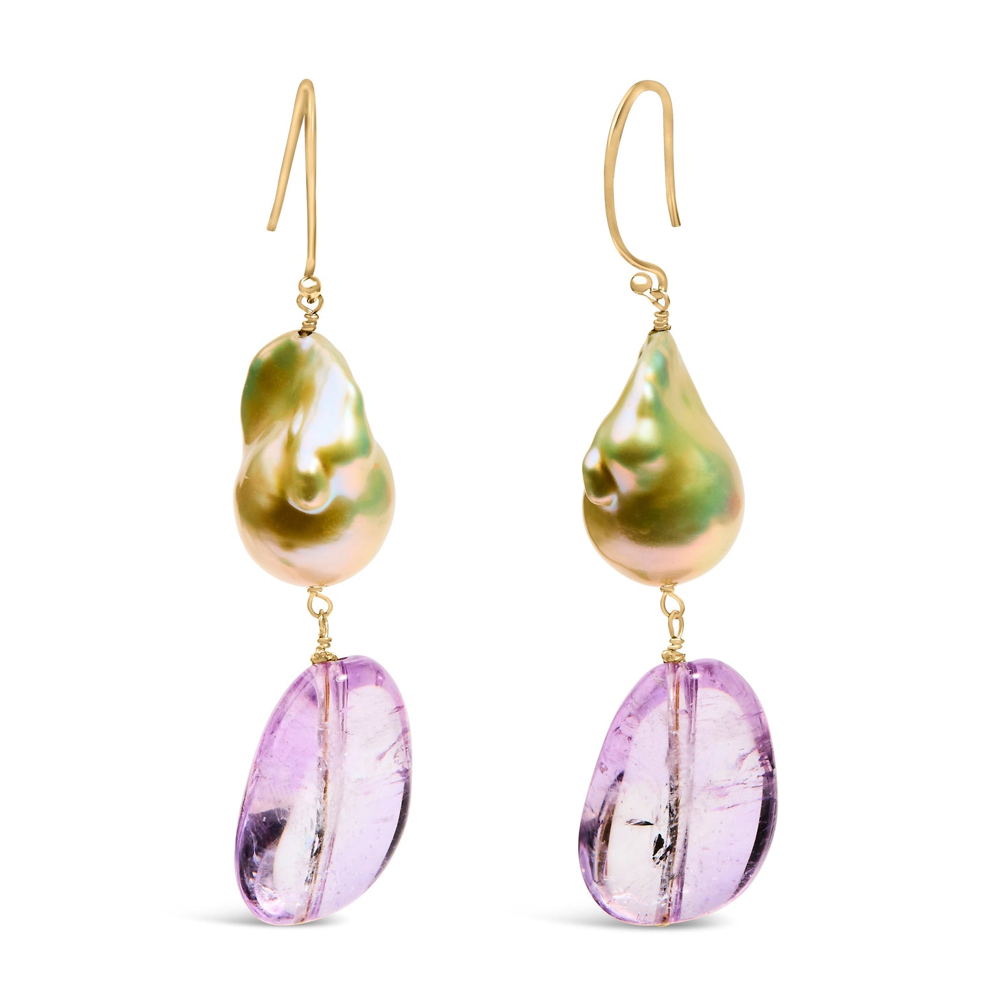 Pendientes colgantes de oro amarillo de 14 quilates con amatista y perlas barrocas de 5 cm de largo