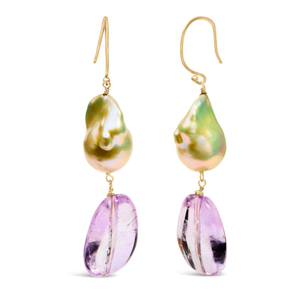 Pendientes colgantes de oro amarillo de 14 quilates con amatista y perlas barrocas de 5 cm de largo